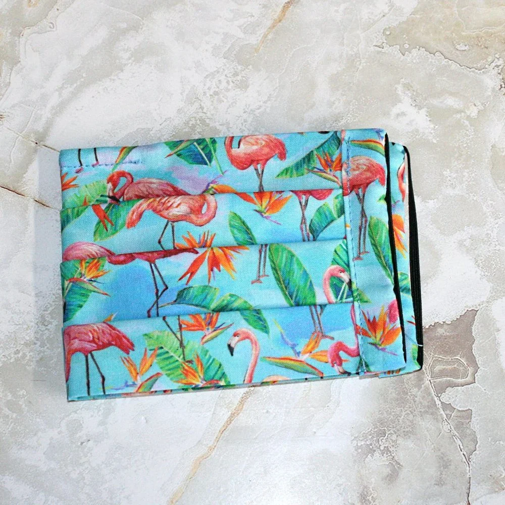 HAND CRAFTED Face Mask Blue Flamingos Adult Cloth Fabric Print - Pocket Style